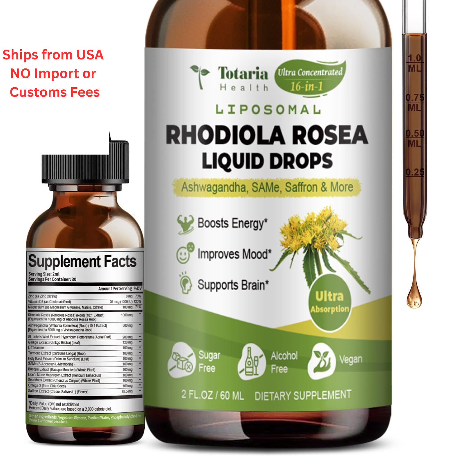 Totaria 16-in-1 Liposomal Rhodiola Rosea Supplement 2 Fl Oz (Pack of 1)