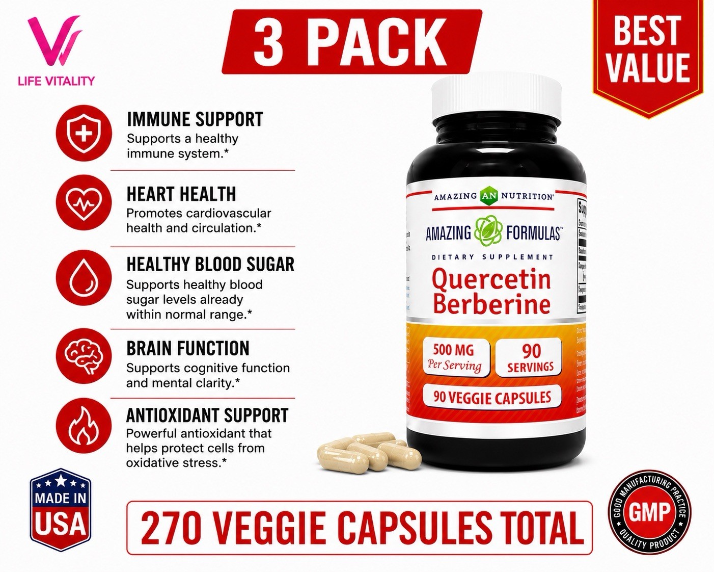 Quercetin Berberine 500mg 3 Pack 270 Veggie Capsules Antioxidant Supplement