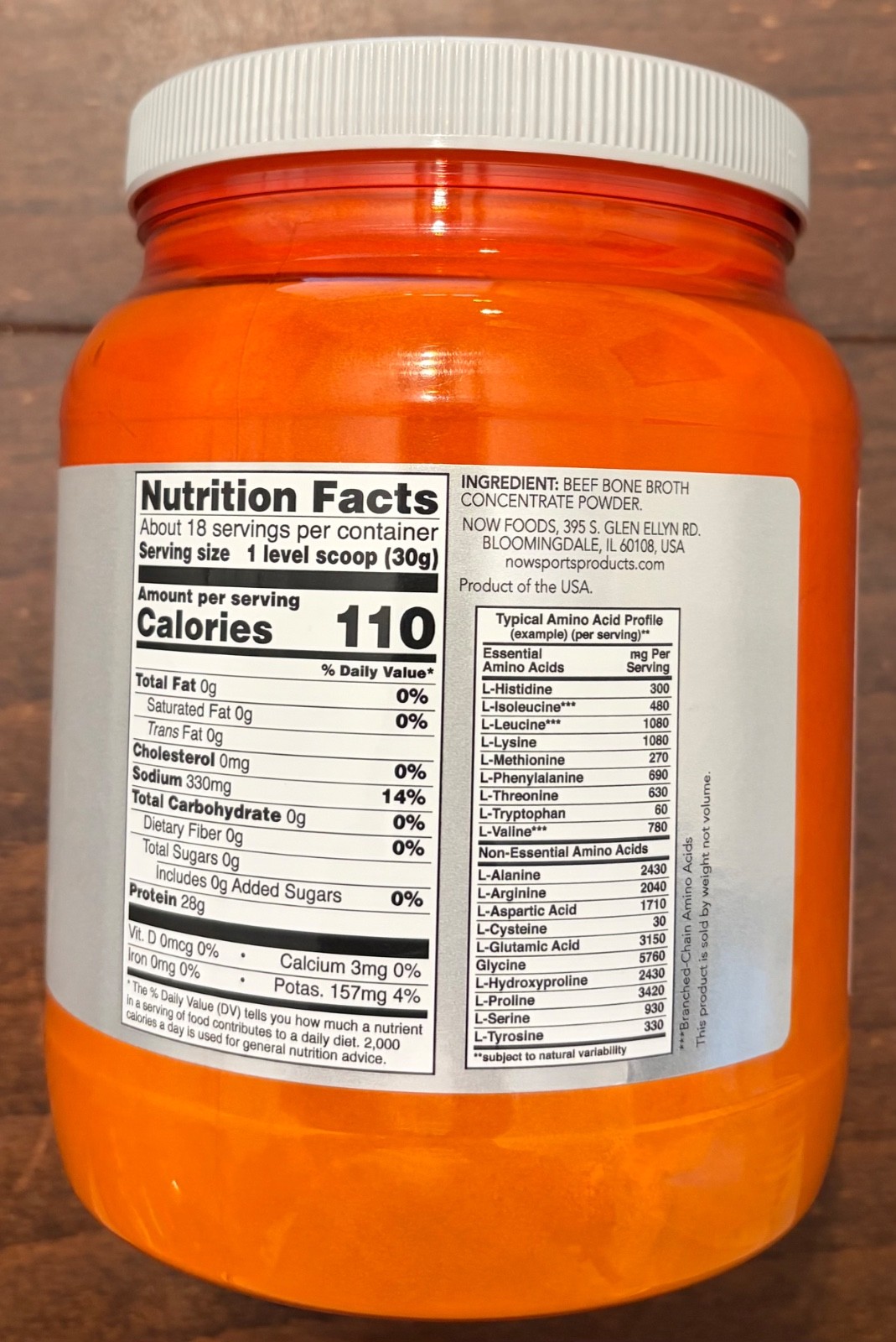 Now Sports Beef Bone Broth Protein Powder NET WT. 1.2 LBS. (544G)