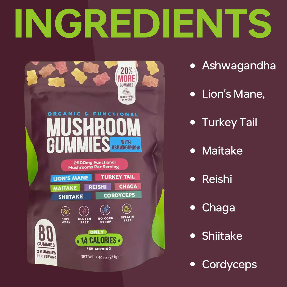 Functional Mushroom Gummies, 2500mg w/Ashwagandha Shiit mix for Focus Immunity