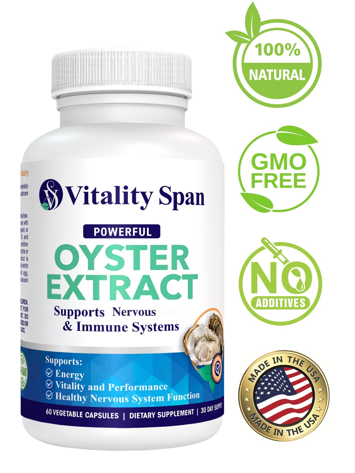Vitality Span Oyster Extract 500mg Energy Immune Support 60 Veg Capsules