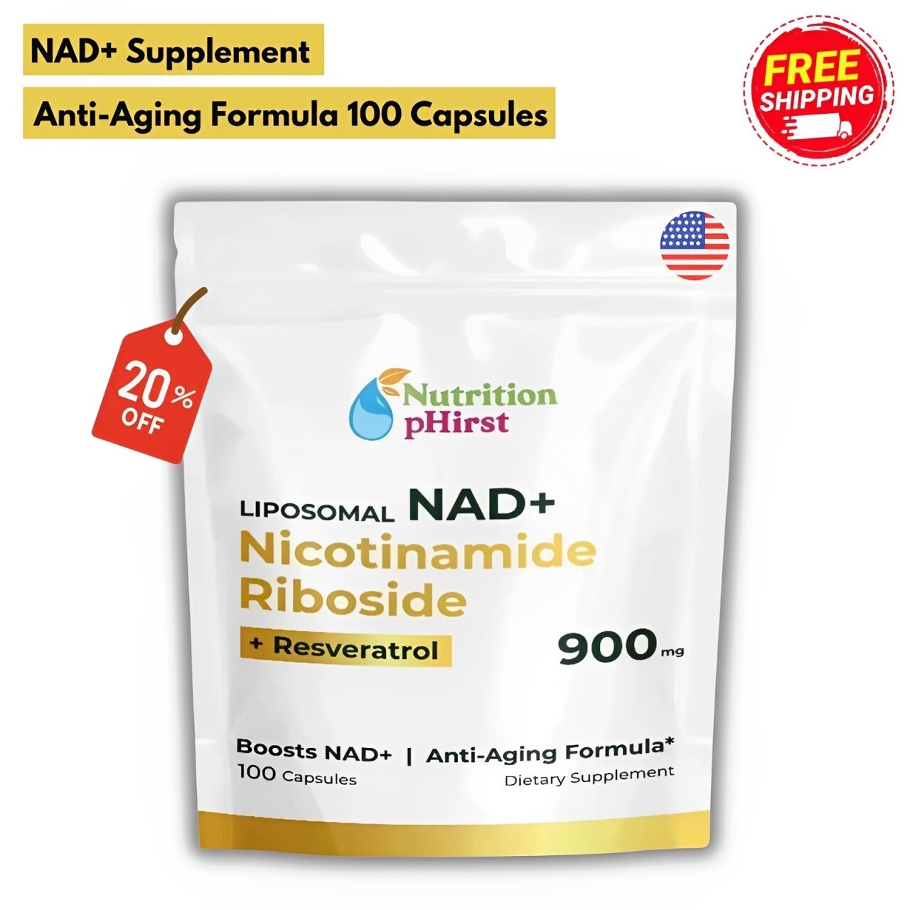 NAD+ Supplement for Anti-Aging Energy Focus & Nicotinamide Riboside Resveratrol.