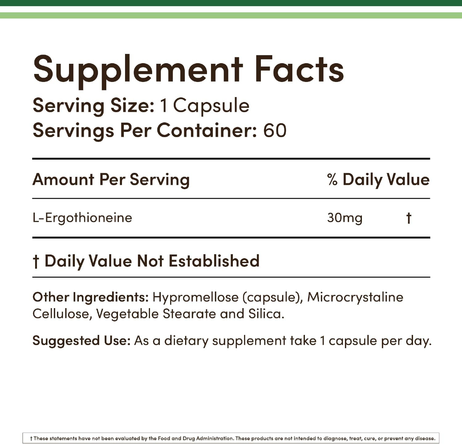 Ergothioneine Supplement (EGT) 30Mg of Pure, Plant-Based L-Ergothioneine per Cap