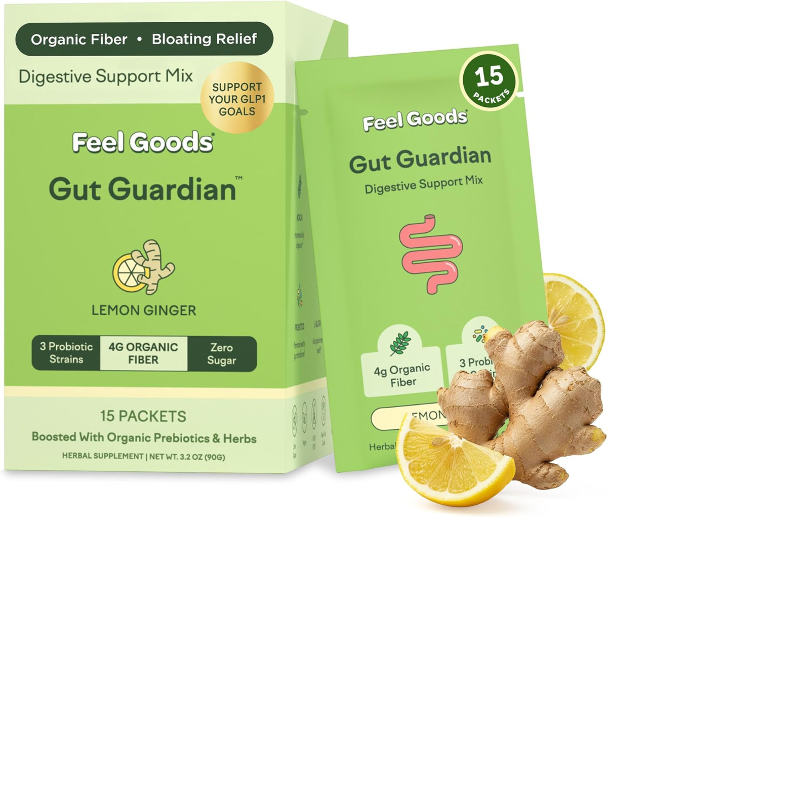 Feel Goods Probiotic Powder Lemon Ginger, 15 Count+6.3 Ounce bottle