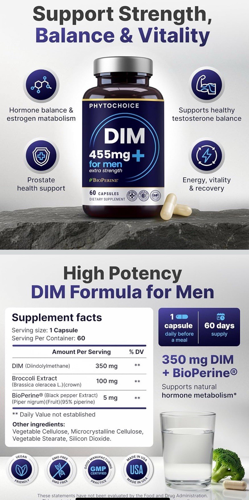 PhytoChoice DIM Diindolylmethane Broccoli Extract 455mg 60 Capsules for Men