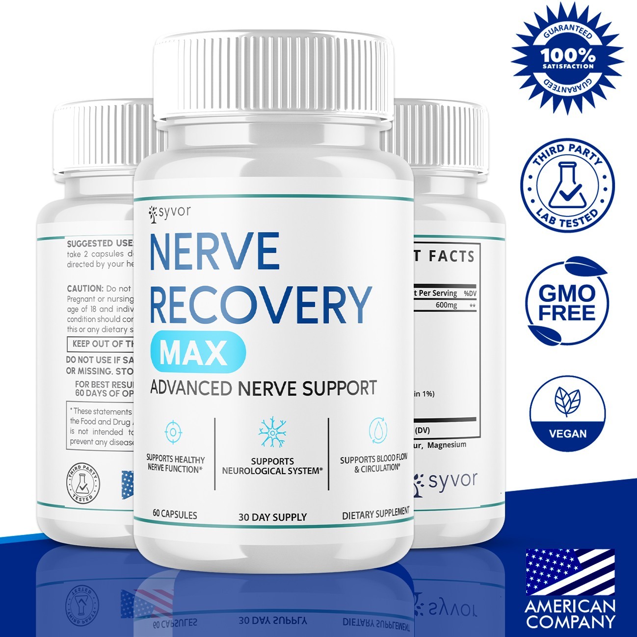 (3 Pack) Nerve Recovery Max Nootropic Formula All Natural Supplement 180 Capsule