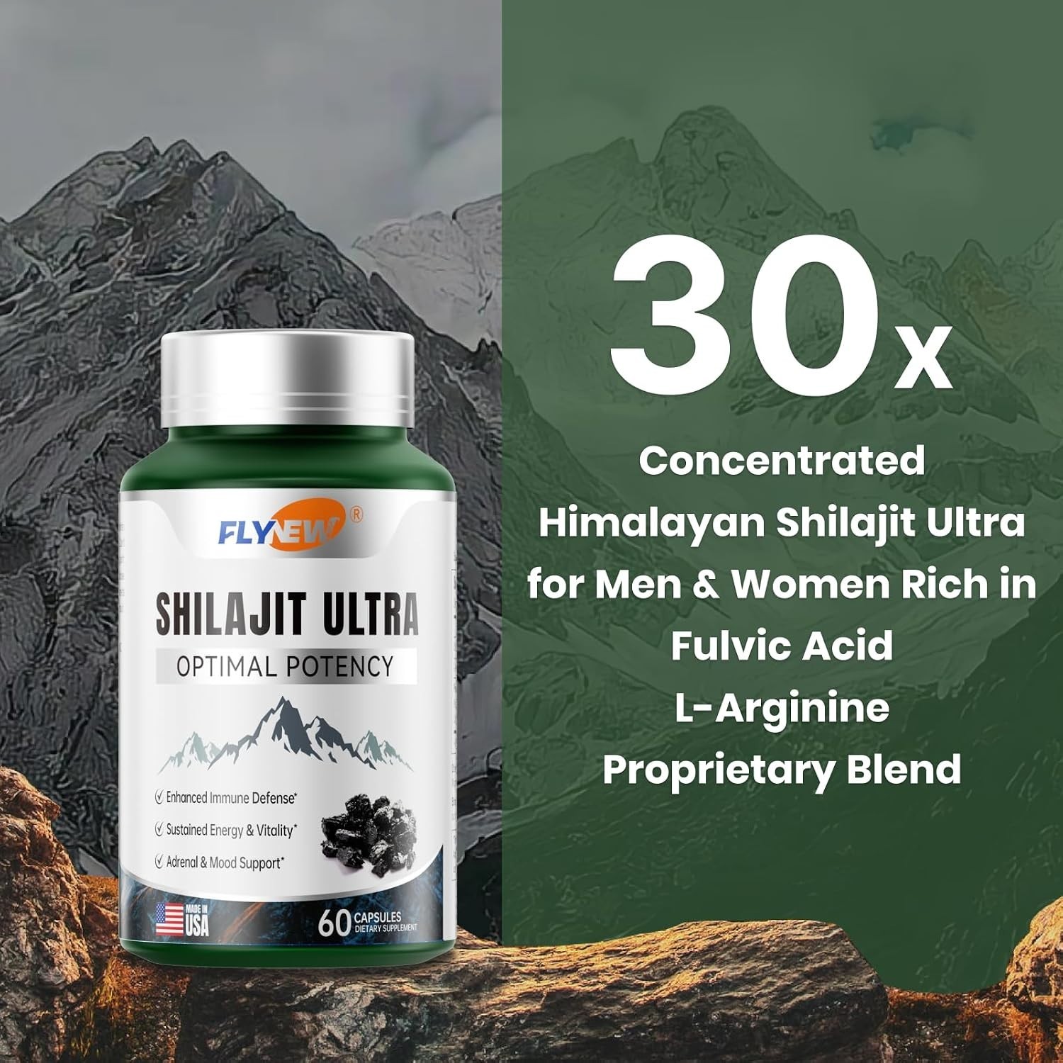 Flynew Pure Shilajit Ultra Optimal Potency Extract with L-Arginine Supplement