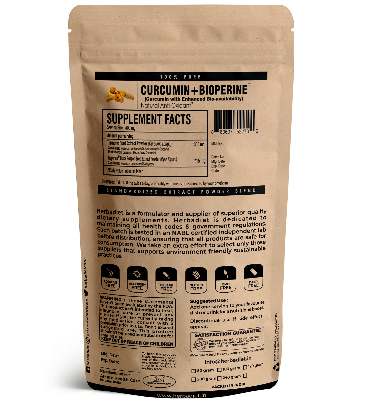 Turmeric Curcumin & Black Pepper Bioperine Powder 95% Antioxidant High Potency