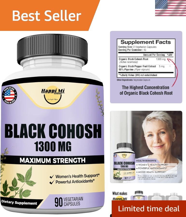 Organic Black Cohosh 1300MG Capsules for Hormonal Balance, 90 Count