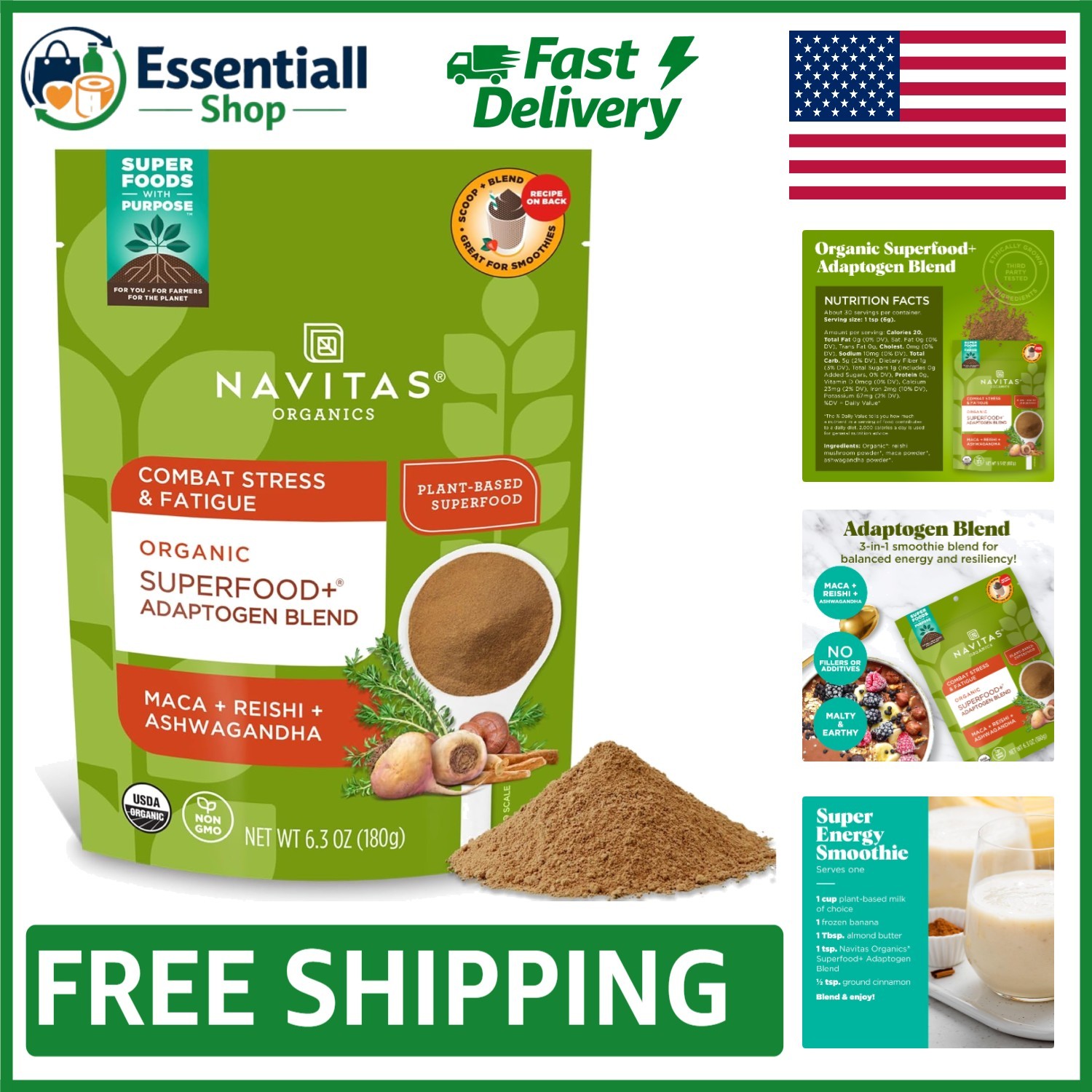 Organic Superfood+ Adaptogen Blend for Stress Support – 6.3oz, 30 Servings