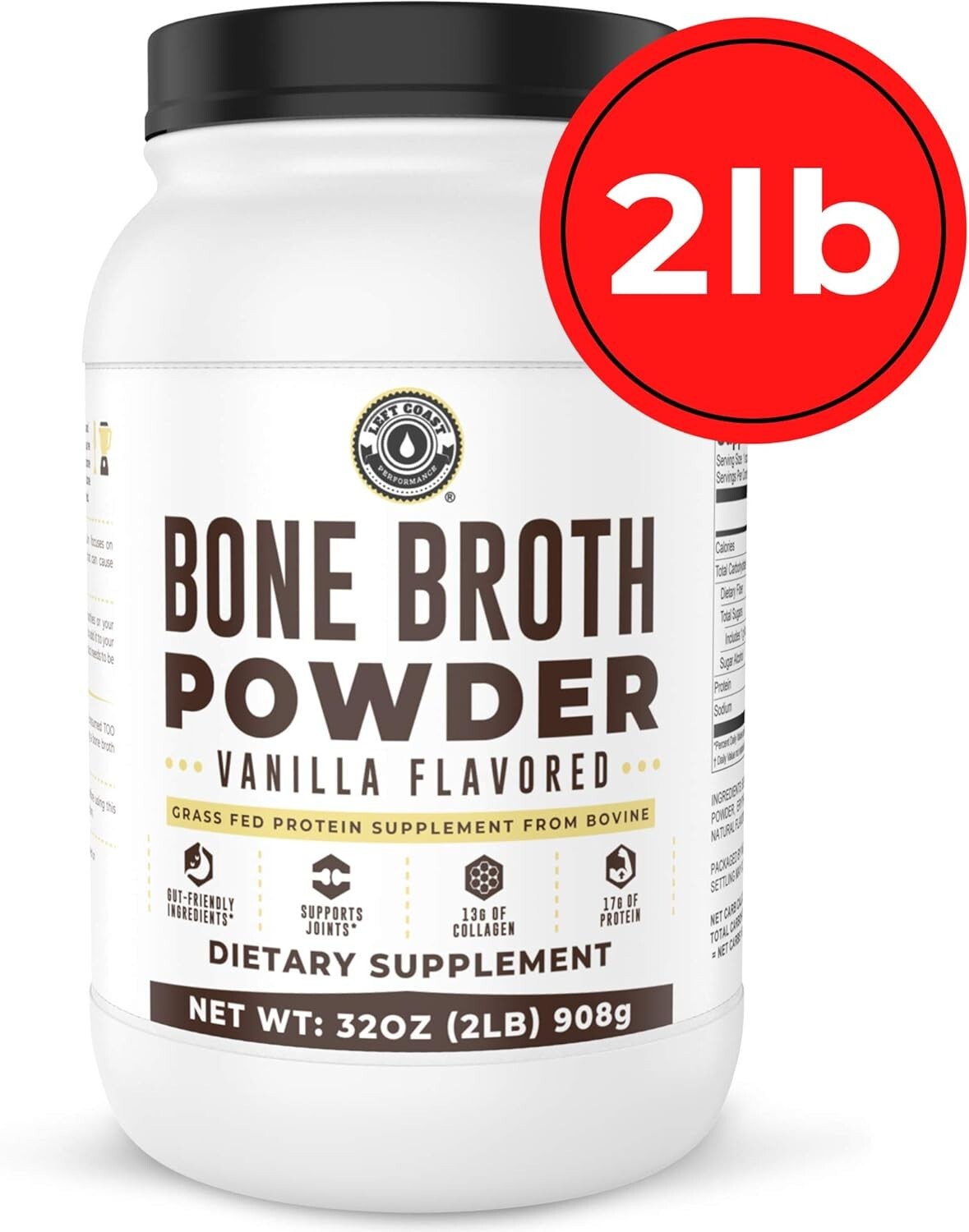 Left Coast 32oz Vanilla Bone Broth Protein Powder Grass Fed Beef, Non-GMO, 2lb