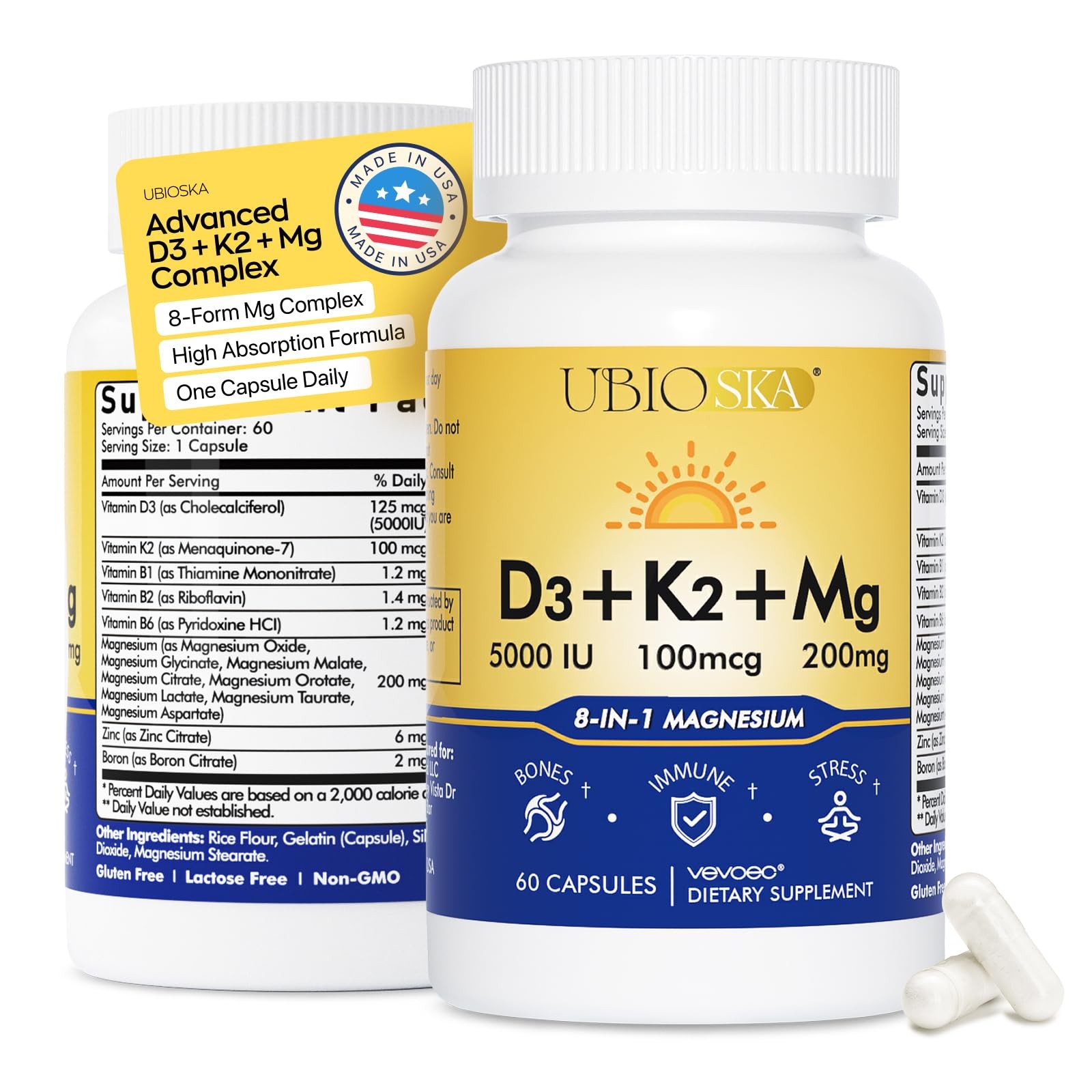 UBIOSKA Vitamin D3 K2 Magnesium Supplement – 5000 IU 1 Count (Pack of 60)