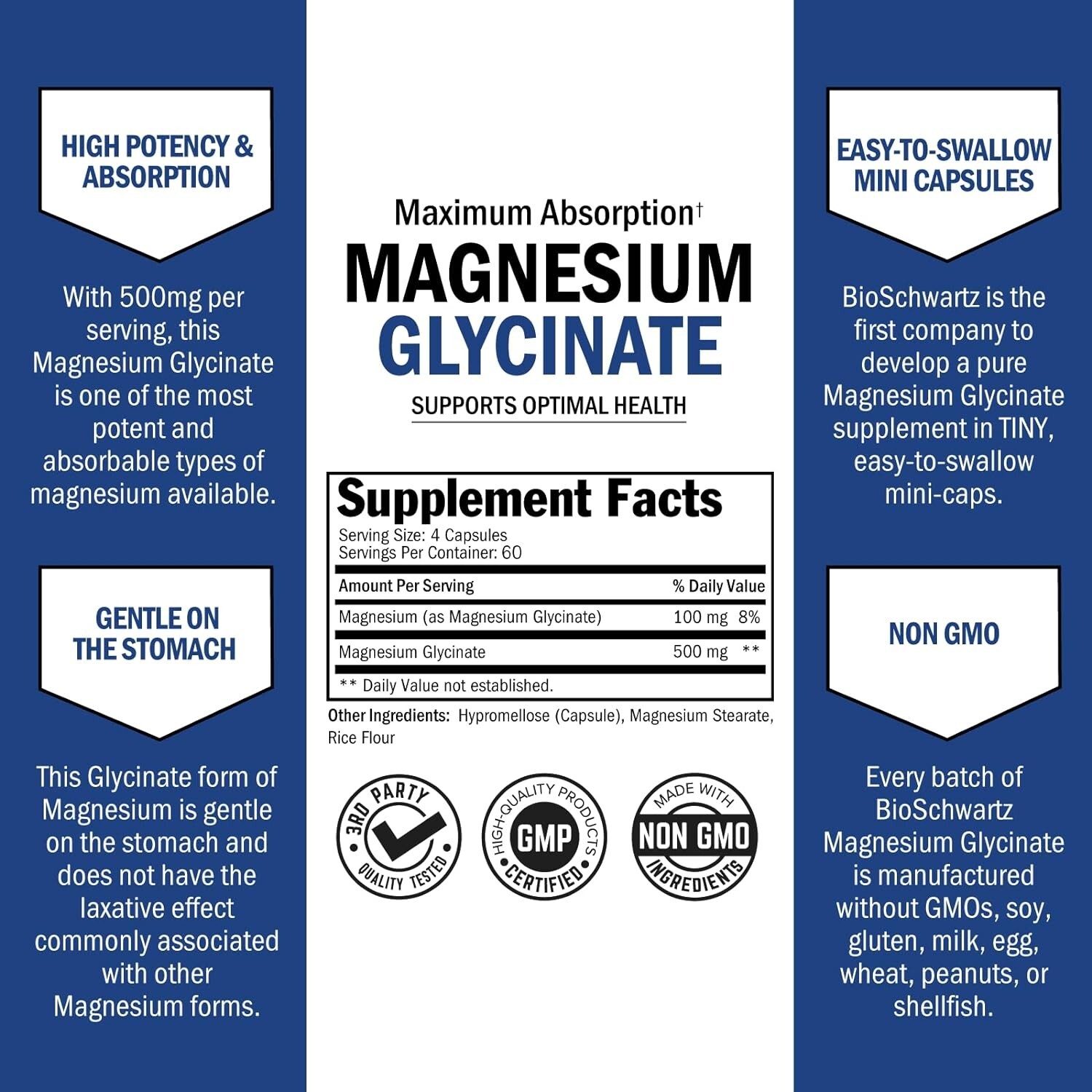 Magnesium Glycinate 500mg Capsules (240 Mini Caps) Maximum Absorption Magnesium