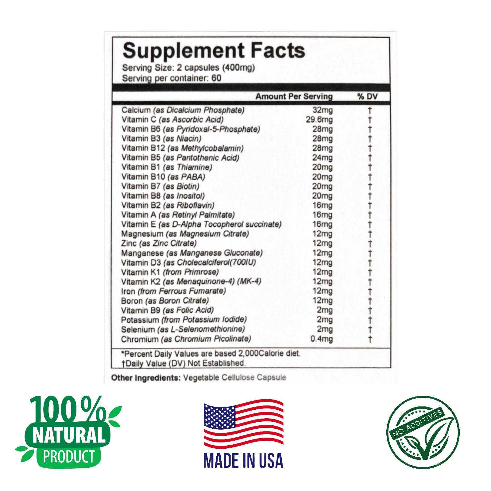 VITAMIN A, B1, B2, B3, B5, B6, B7, B9, 12, E, C, D3 5000 UI, K2, K1, 120 capsule