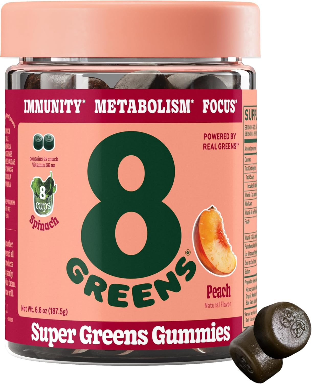 8Greens Daily Greens Peach Gummies – Real Superfood Chewable Supplement with Spi