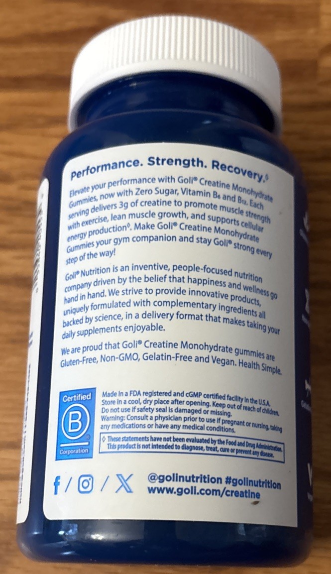 Goli Creatine Monohydrate Gummies 60 Count Zero Sugar Gluten-Free Exp 10/2027