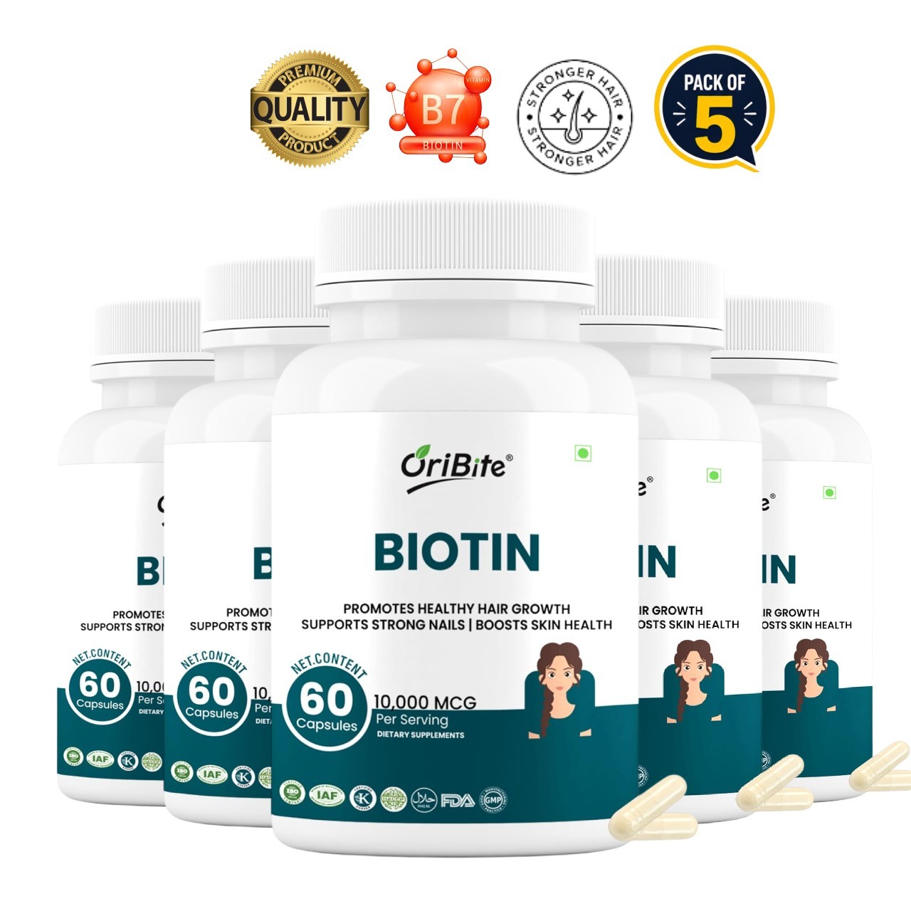 ORI.BITE Biotin 10000mcg 60 Veg Capsules Pack of 5