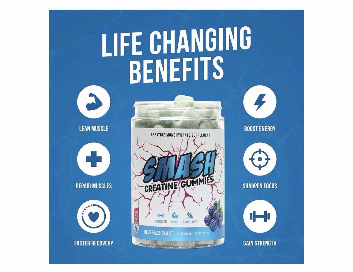 SMASH Creatine Gummies – 5 grams – Blue Raspberry Flavor – 120 gummies- USA Made