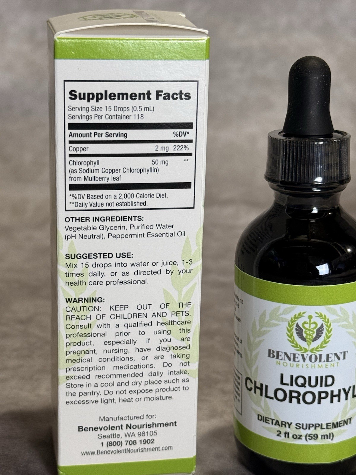 Benevolent Nourishment Liquid Chlorophyll Alcohol Free Peppermint 2 fl oz
