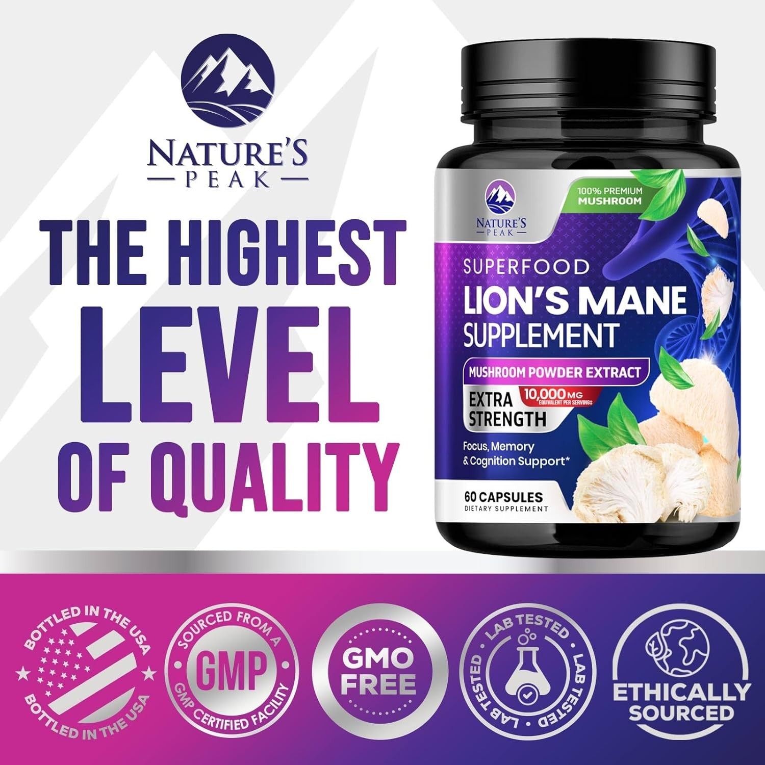 Lions Mane Supplement Capsules 10,000mg, Premium Lions Mane Mushroom for Support
