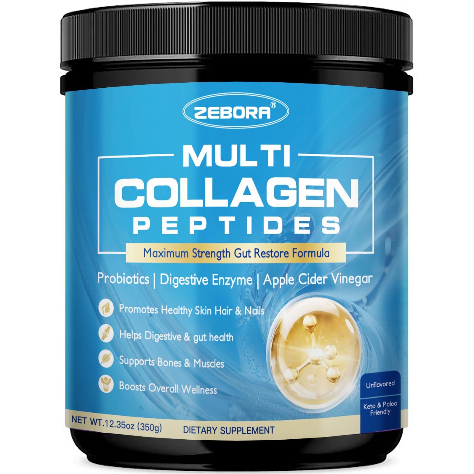 ZEBORA Multi Collagen Peptides Powder with 12.35 Ounce (Pack of 1), Undefined