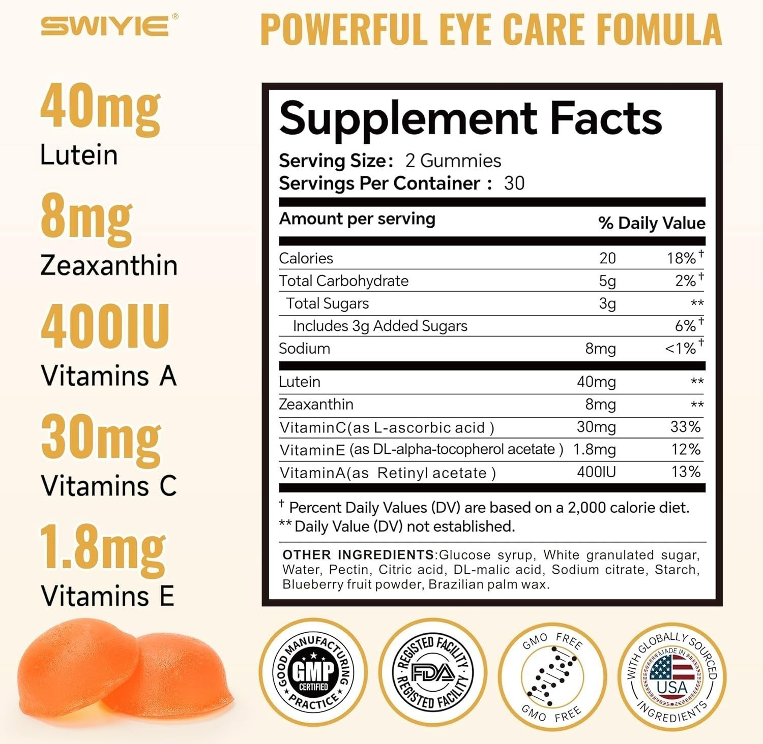 Health Lutein Gummies – Eye SWIYIE Support with Lutein & Zeaxanthin, 60 Gummies