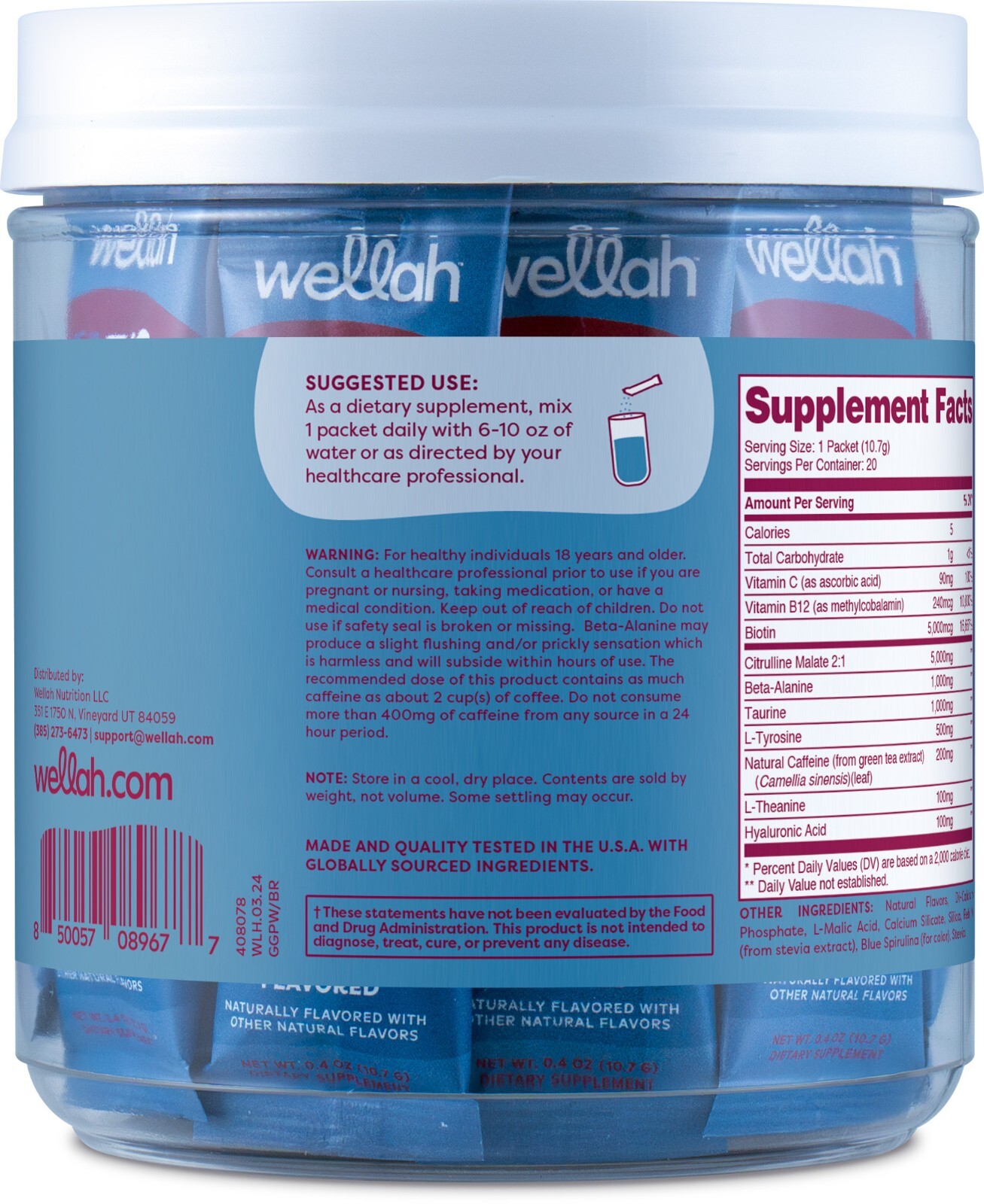 Wellah Get-Going Blue Raspberry Flavored Pre-Workout Stickpacks (20 servings)