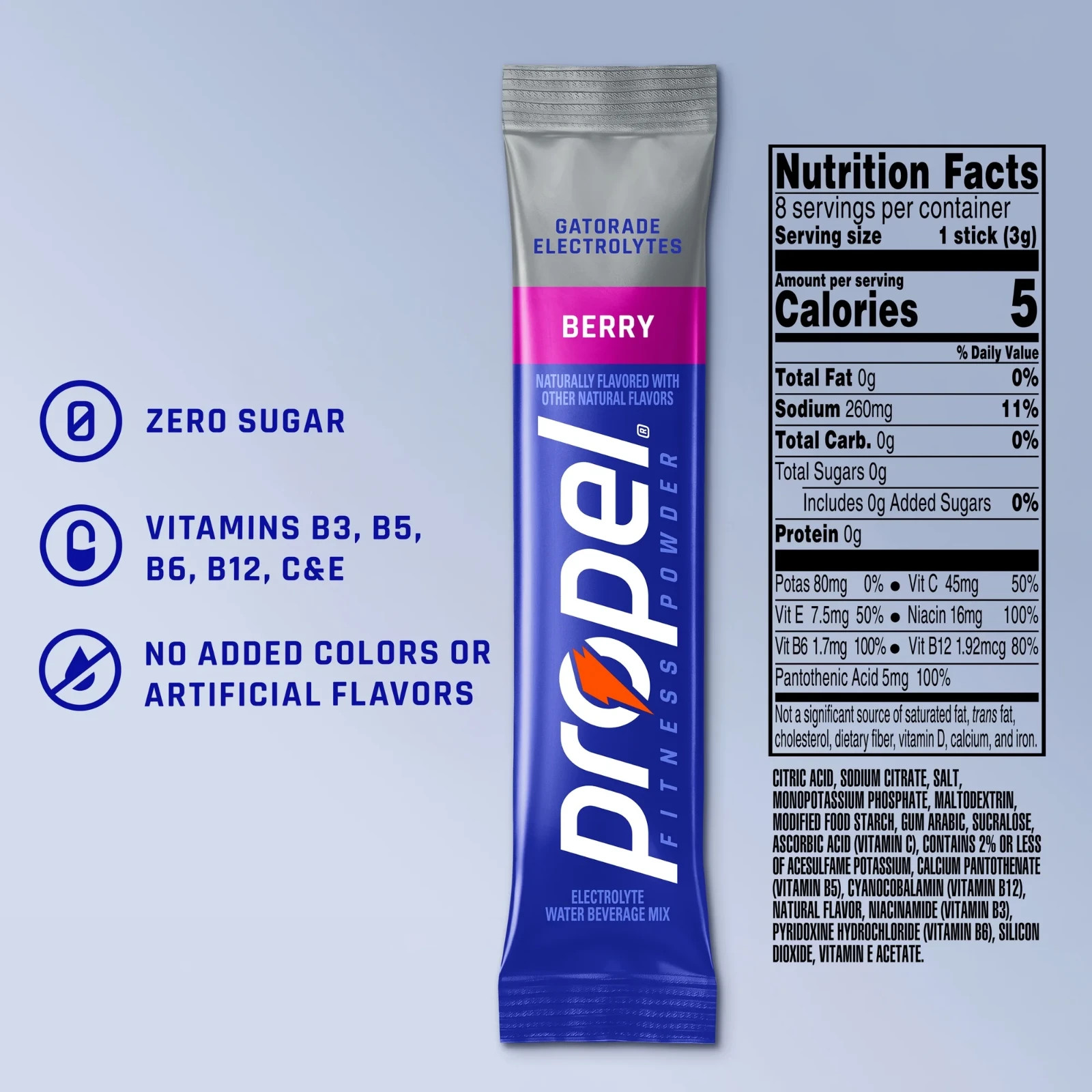 Propel Zero Sugar Berry, On the Go Packs, Electrolyte Powder Drink Mix, 0.11 oz,