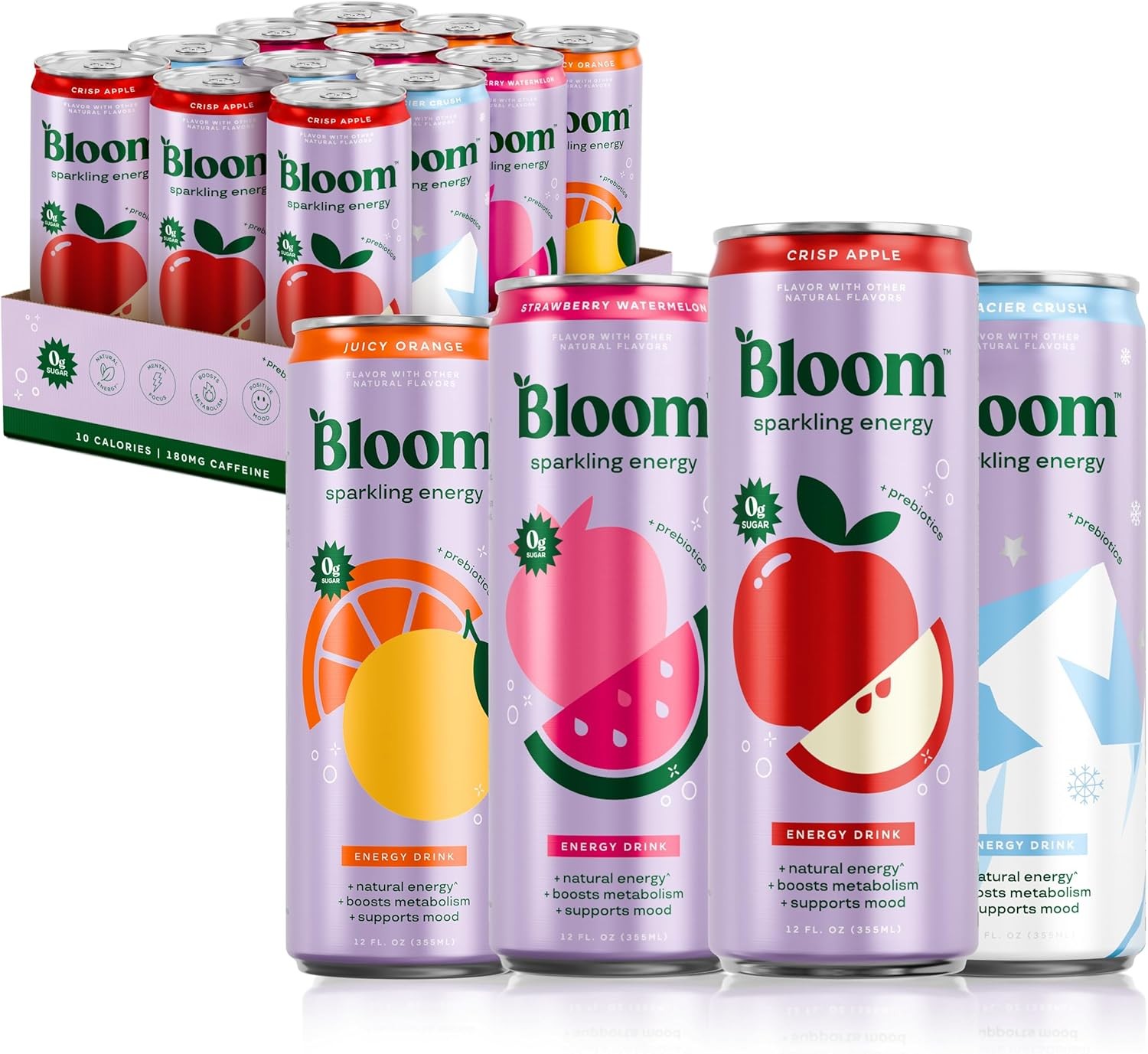 Bloom Nutrition Sparkling Energy Drink Apple Crisp/Glacier Crush 12oz Zero Sugar