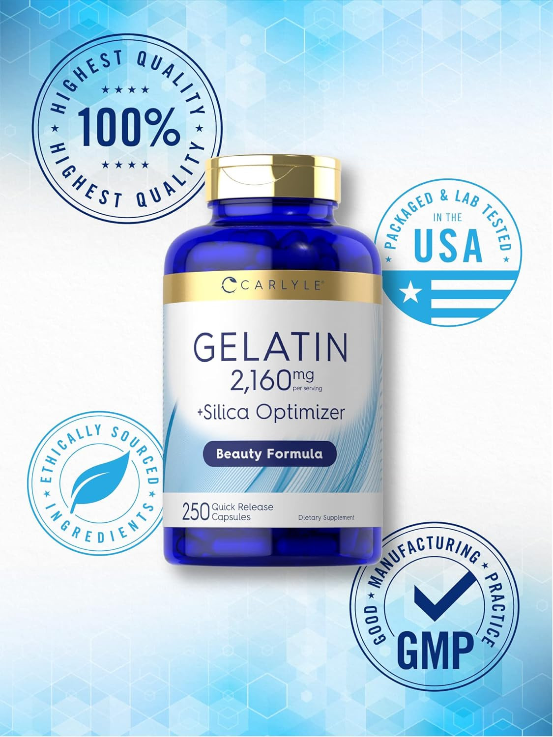 Gelatin Capsules 2160 Mg with Silica Optimizer 250 Count Non-Gmo, and Gluten Fre