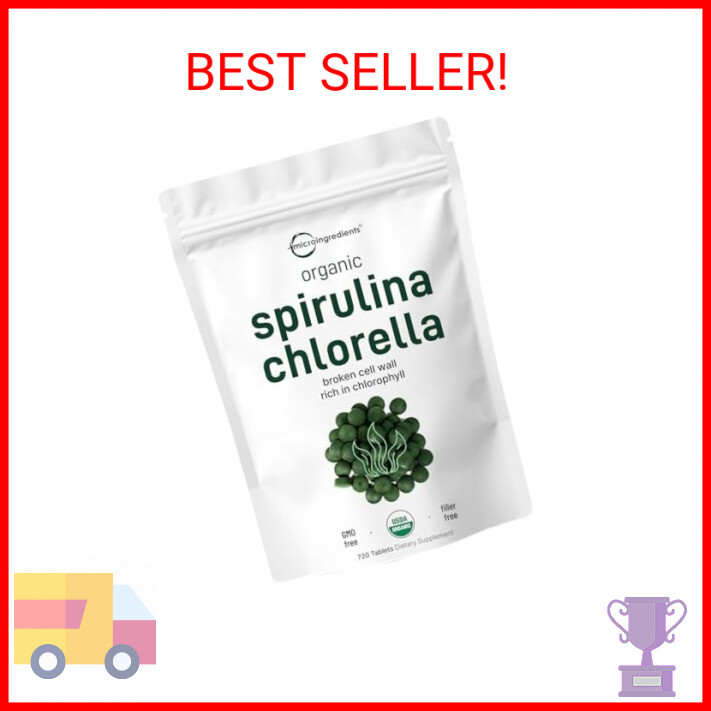 Organic Chlorella Spirulina Tablets, 3000mg Per Serving, 720 Counts, 4 Months Su