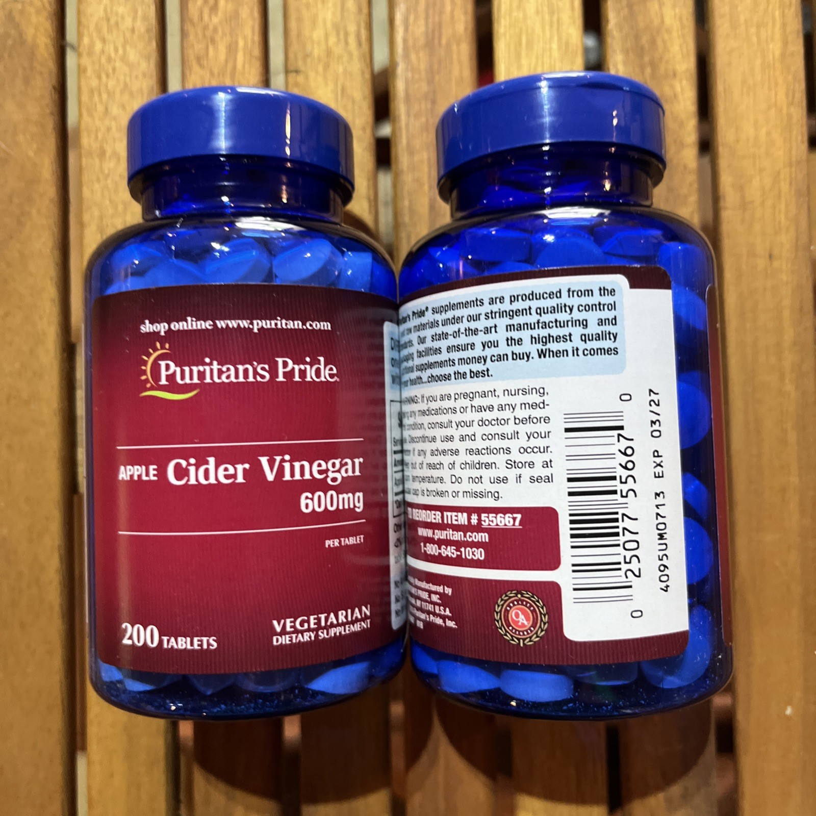 Two bottles Puritan’s Pride Apple Cider Vinegar 600 mg – 400 Tablets Exp 2027