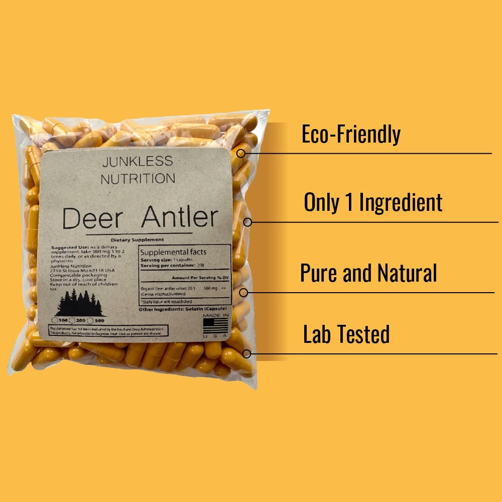 100% PURE Deer Antler Velvet Extract 20:1 Powder Capsules 500mg (Cervi Cornu)