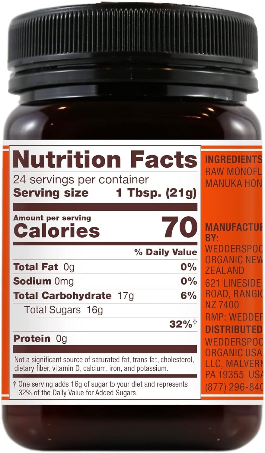 Wedderspoon Raw New Zealand Monofloral Manuka Honey KFactor 16 – NET WT. 17.6 OZ