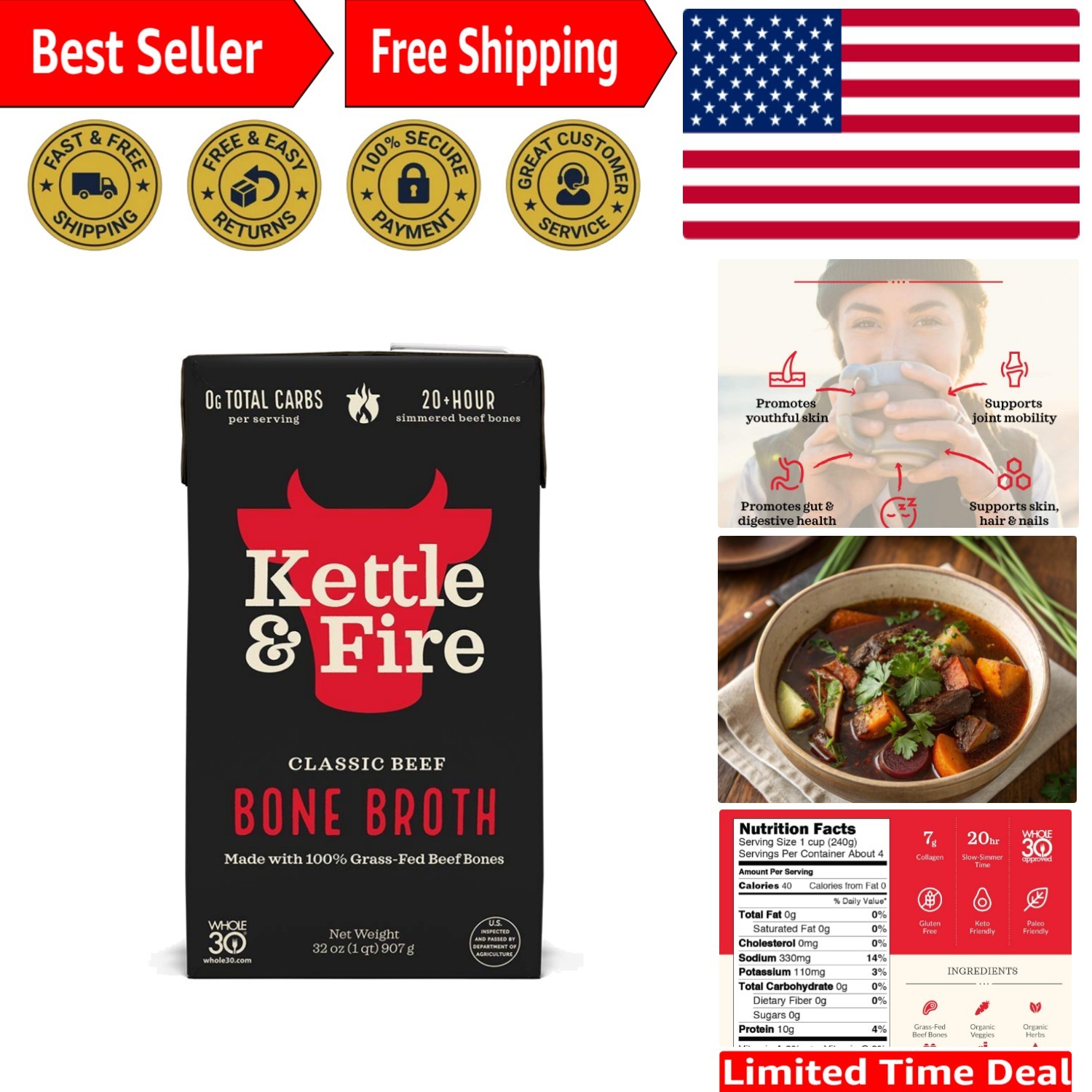 Collagen-Rich Beef Bone Broth 32 Oz – Ideal for Keto, Paleo, & Weight Loss