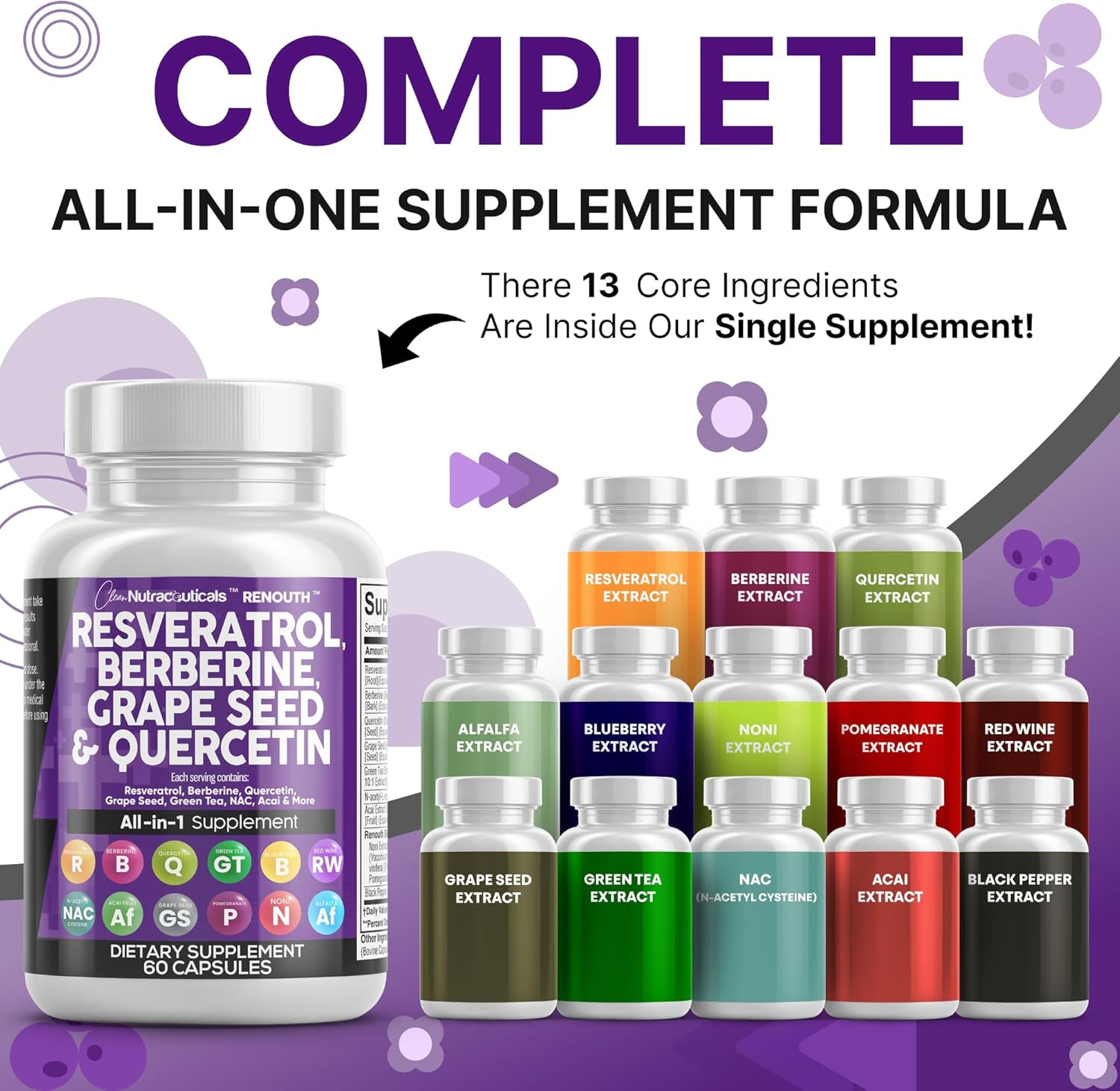 Clean Resveratrol Supplement | Berberine Grape Seed Extract Quercetin Green Tea