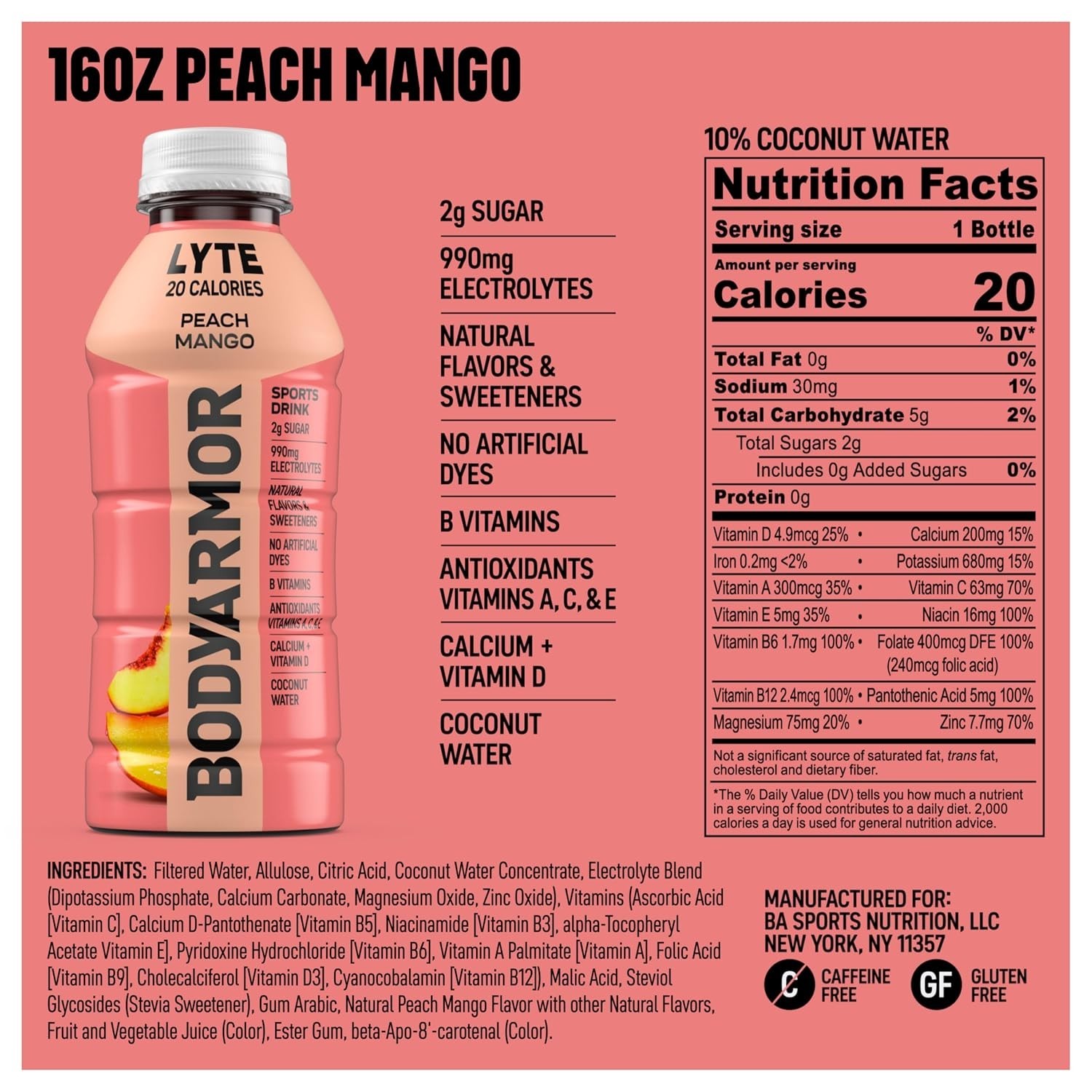 Electrolyte Drink Peach Mango 16 Fl Oz Bottles Pack of 24 Hydration Sports
