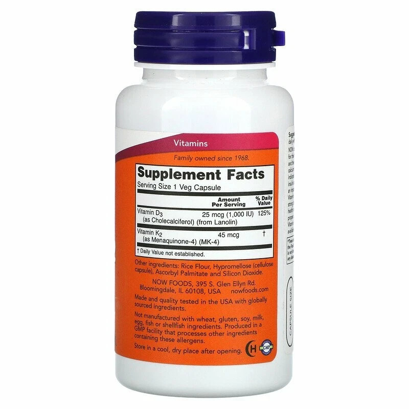 Now Foods Vitamin D-3 & K-2 (1000 mcg) 120 VEG CAPSULES, BONE & HEART