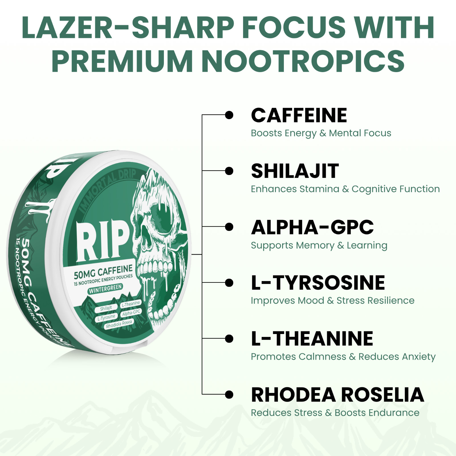 RIP Caffeine Nootropic Energy Pouches – Wintergreen – All-Natural – 5 Pack
