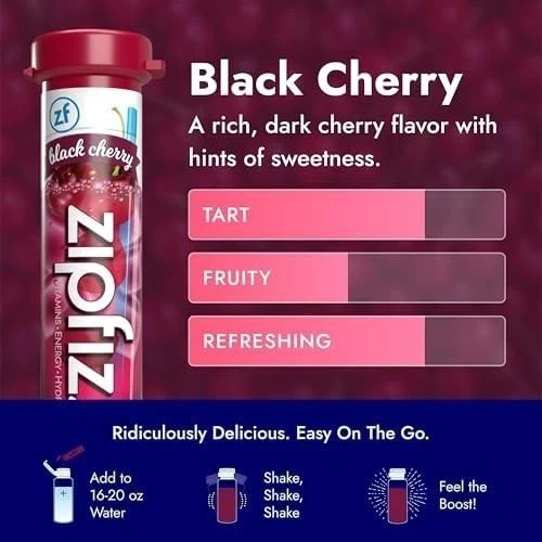 Zipfizz Daily Energy Drink Powder, Black Cherry, 20 Pack 3-in-1 Sustained Energ