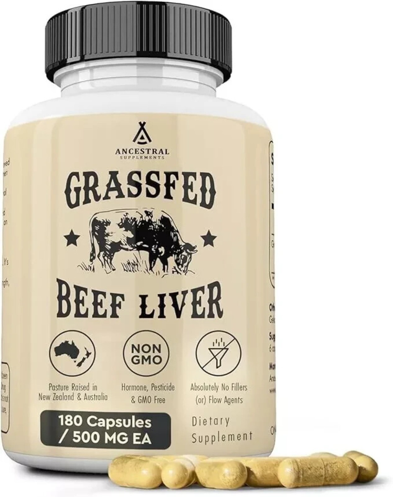 Grassfed Supplements Ancestral Beef Liver-180Capsules 500mg EA Exp 07/2028