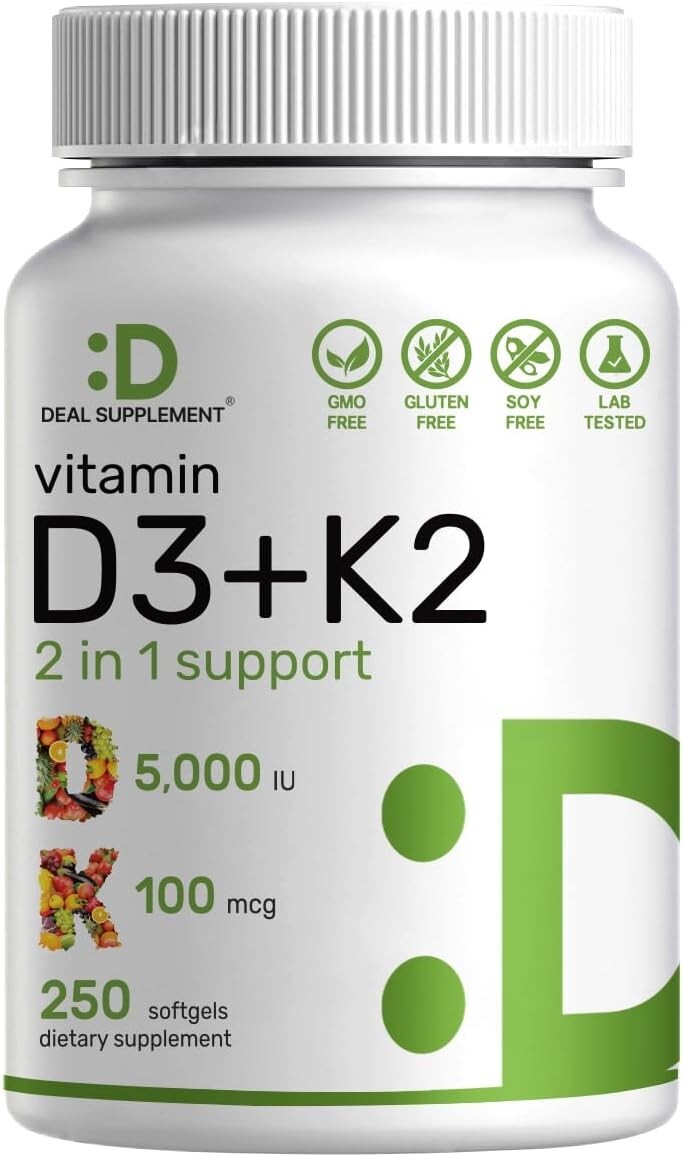 Vitamin D3 & Vitamin K2, Promotes Heart Bone Health -250 Softgel Easy to Swallow