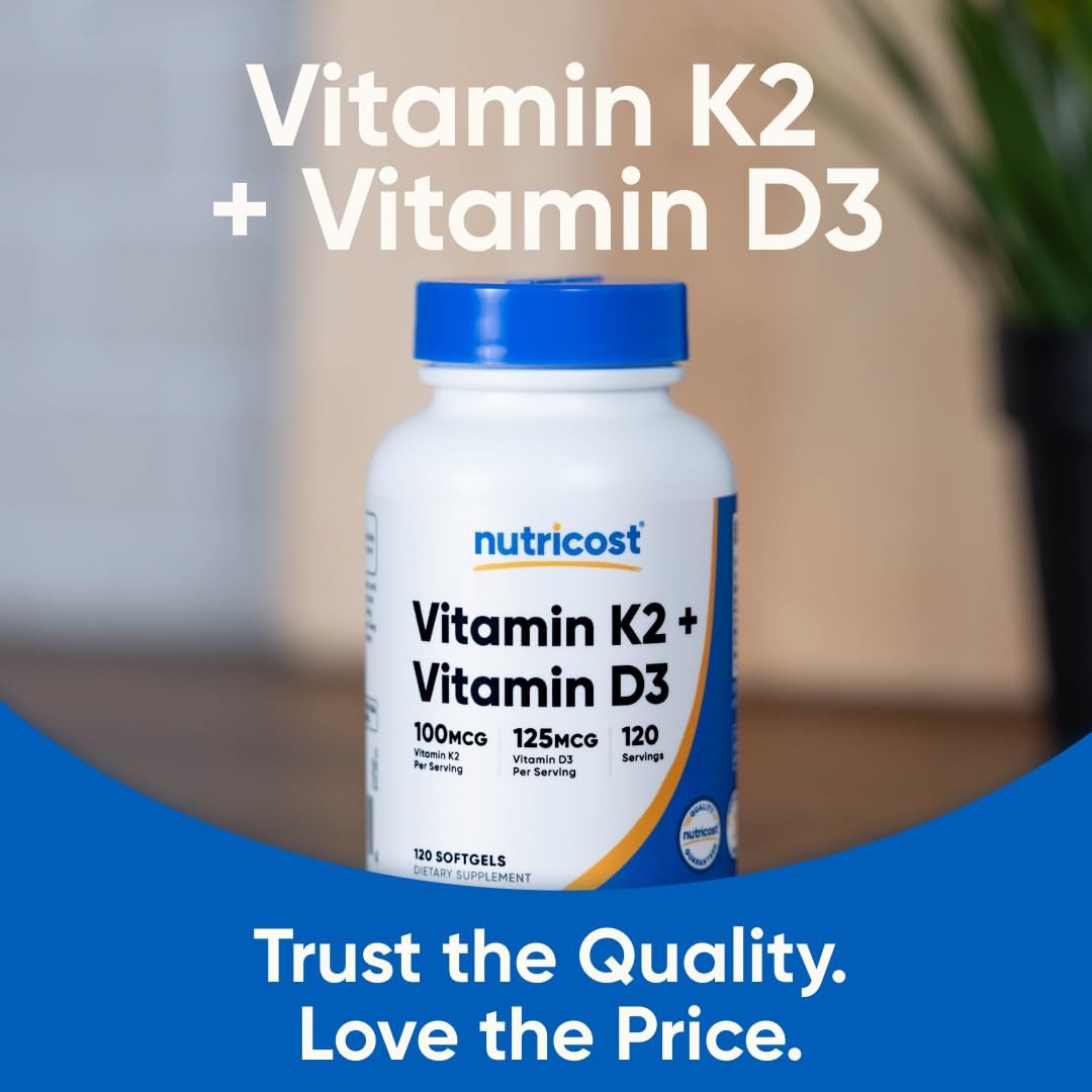 Nutricost Vitamin D3 + K2 (5000 IU / 100mcg MK7), 120 Count (Pack of 1)