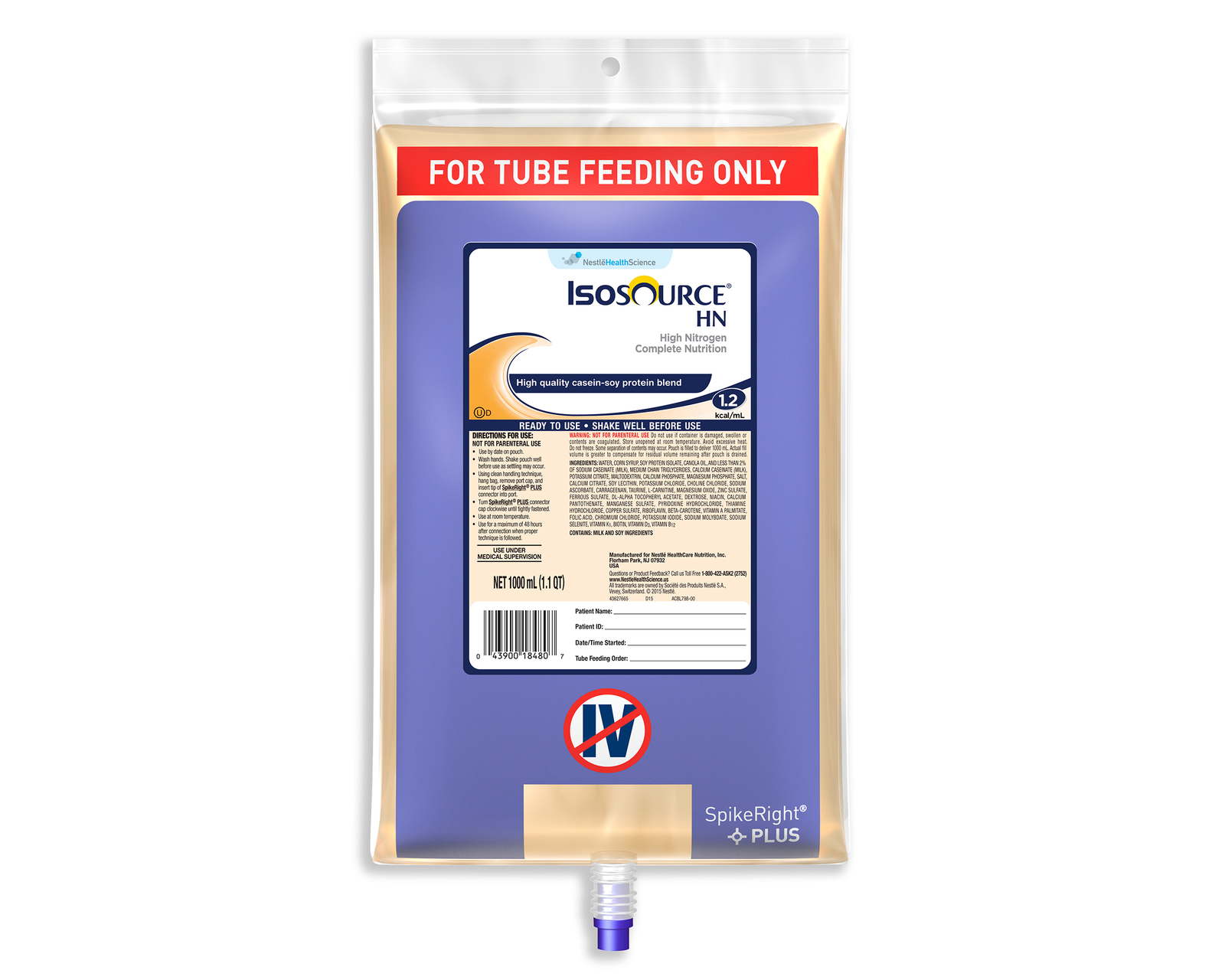 Isosource HN 1000 mL Tube Feeding Formula Bag, Ready to Hang, Adult,