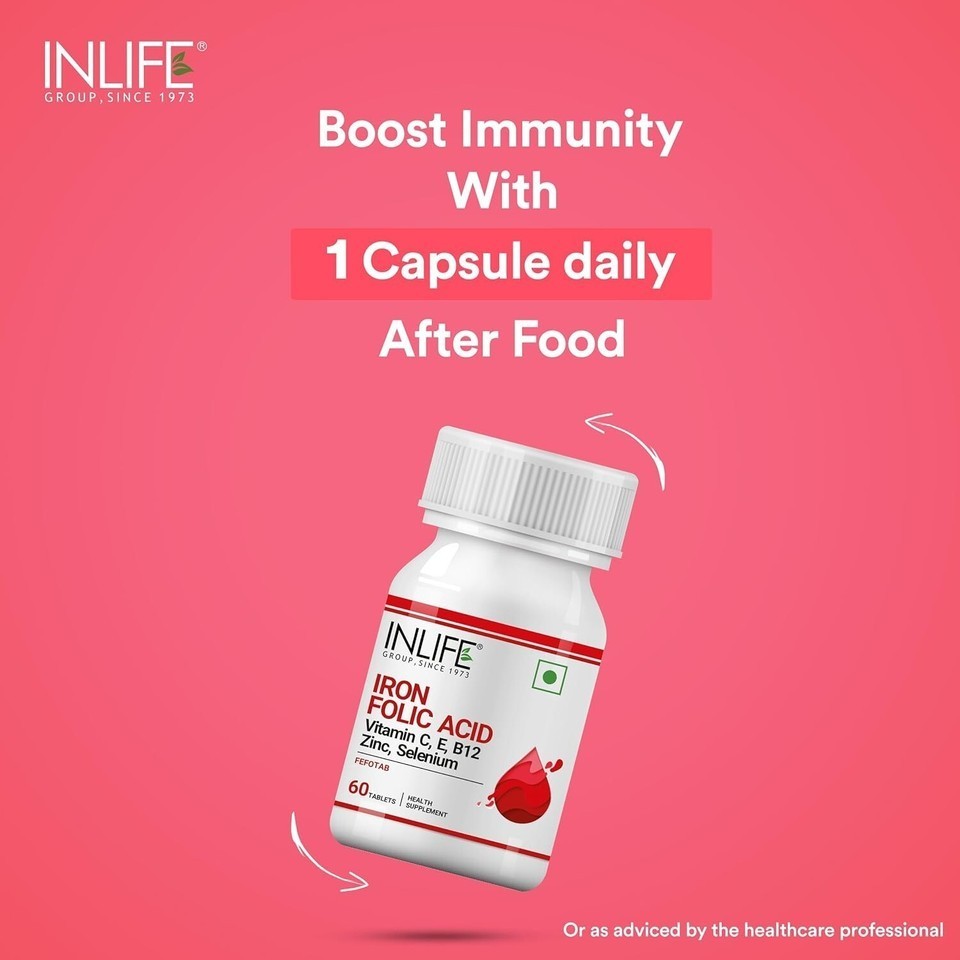 INLIFE Chelated Iron Folic Acid with Vit C & B12 & Zinc & Selenium – 60 Veg Tabs