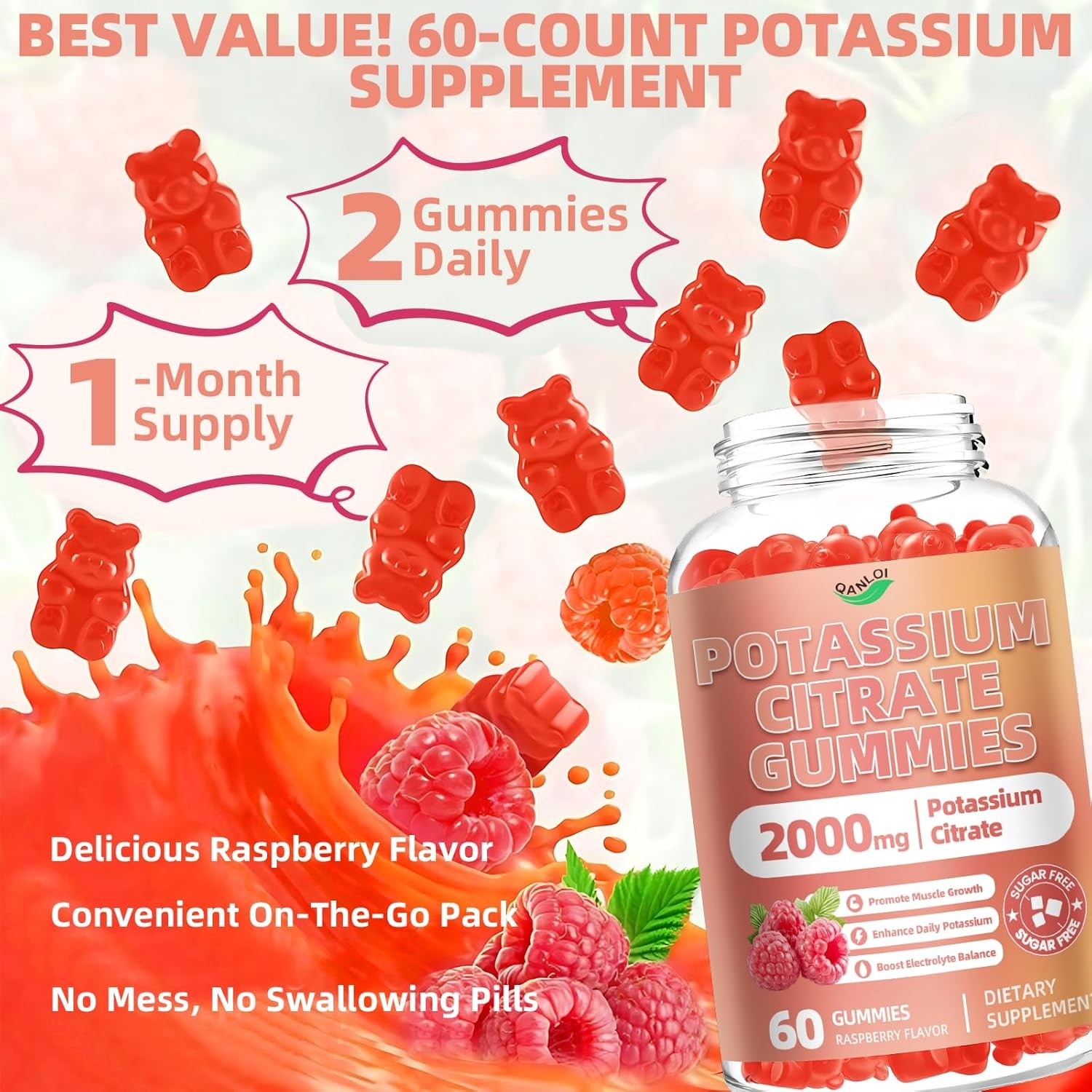 (2 Packs) Potassium Citrate 2000mg, Potassium Gummies for Adults-Boost Muscle Gr