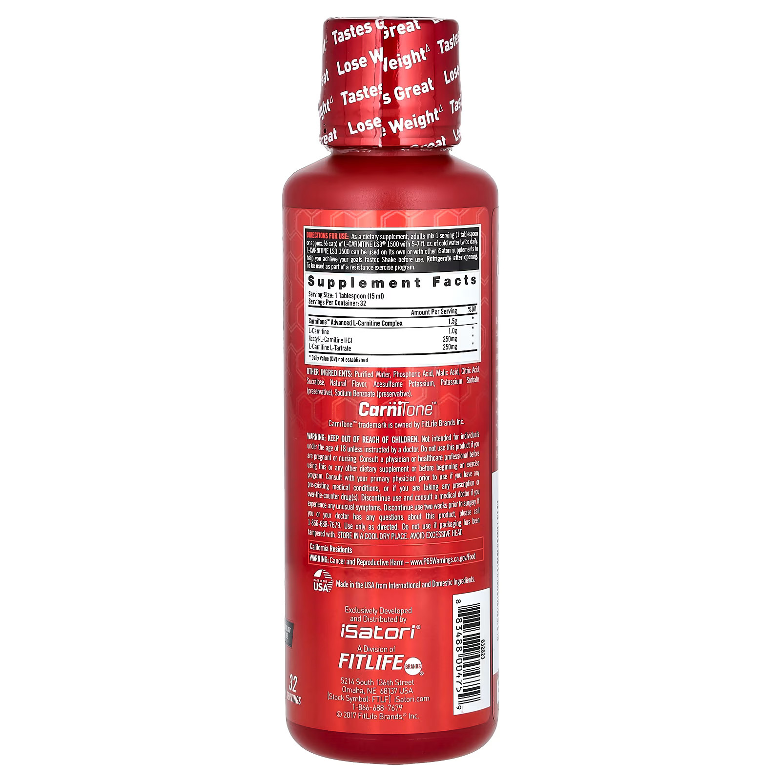 2 X Isatori, L-Carnitine LS3 1500, Pink Lemonade, 1,500 mg, 16 fl oz (480 ml)