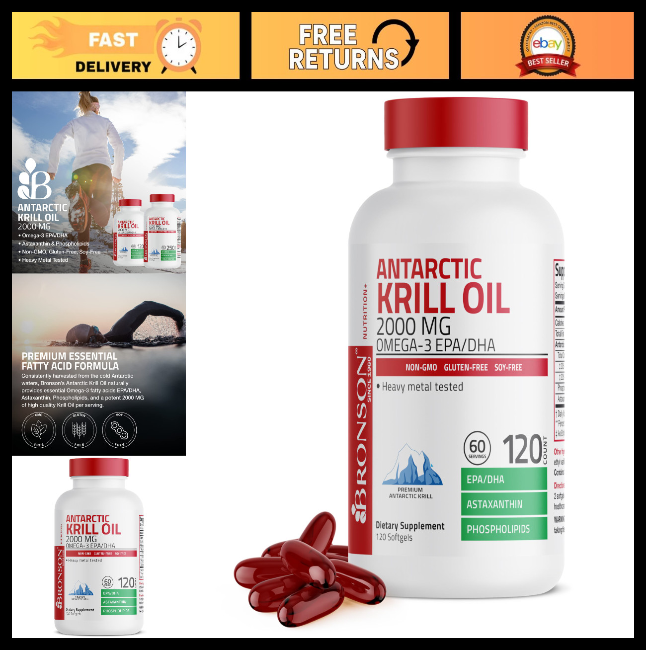 Antarctic Krill Oil 2000mg – Omega-3 EPA DHA, Astaxanthin, Phospholipids, 120 So