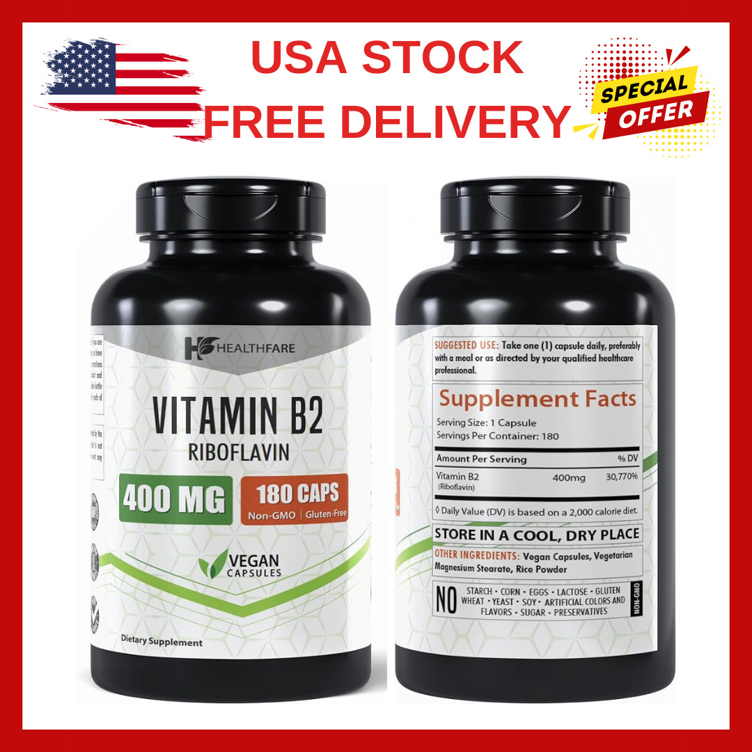 Vitamin B2 400mg | 180 Capsules | Riboflavin | Gluten Free | Made in The USA