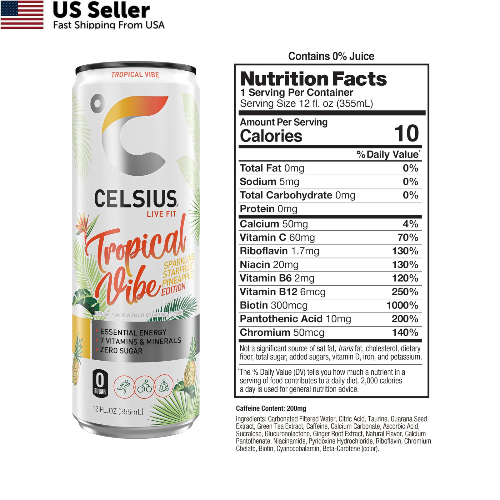 CELSIUS Sparkling Tropical Vibe, 12 Fl Oz (Pack of 12), Vibe
